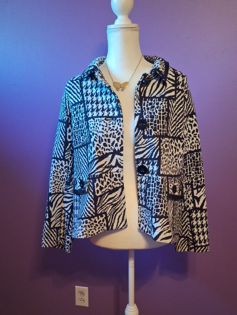 JM Collection Black and White Patchwork Print Blazer